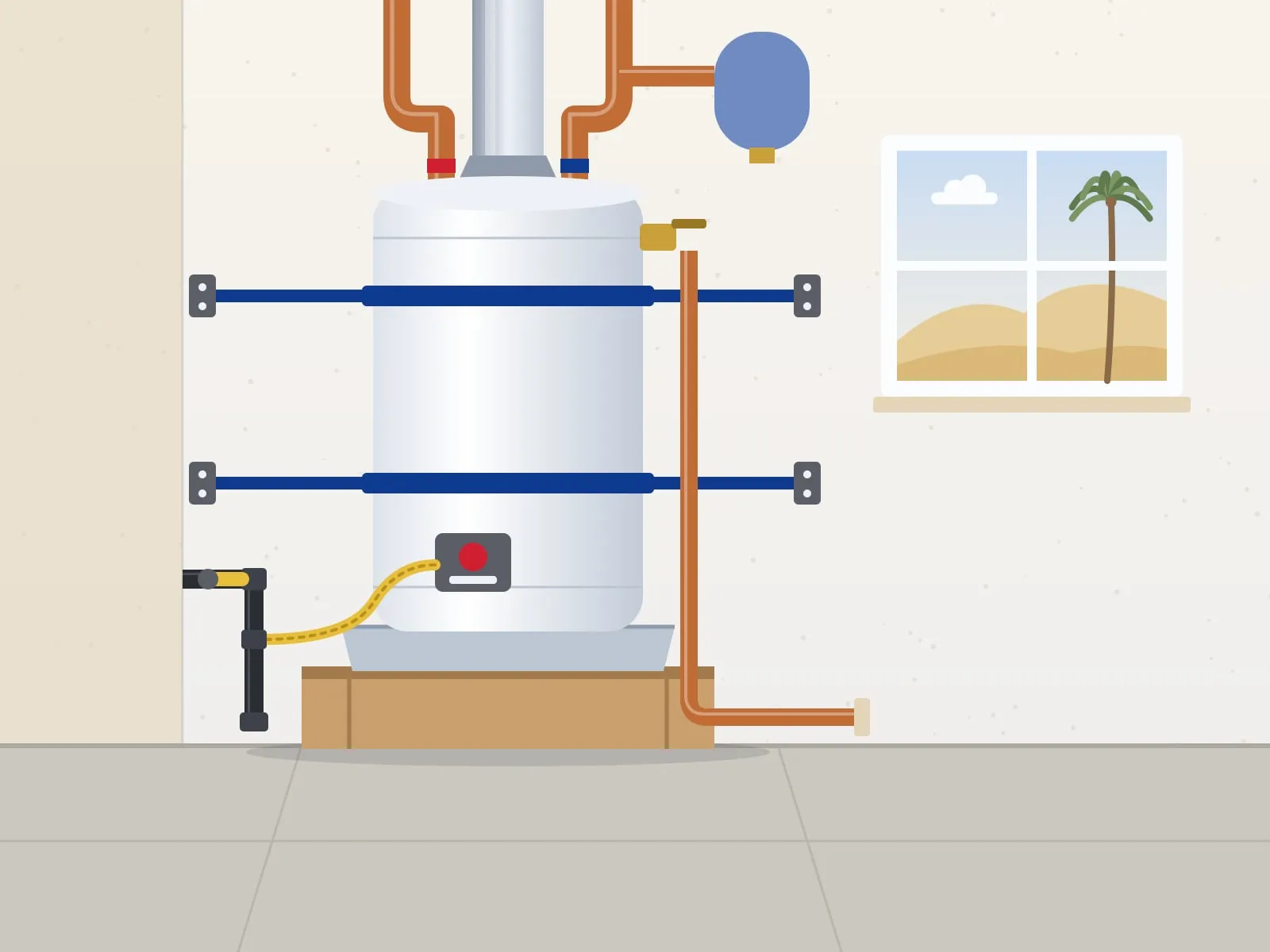 Illustration of a gas tank water heater on a wooden platform in a garage, held to the wall by two seismic straps, with its relief line piped down and out through the wall and a palm tree in the window