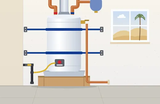 Illustration of a gas tank water heater on a wooden platform in a garage, held to the wall by two seismic straps, with its relief line piped down and out through the wall and a palm tree in the window