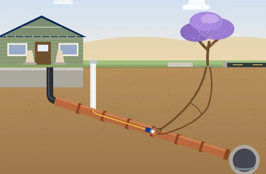 Illustration of a front yard in cross section below a bungalow, with a clay sewer lateral sloping to the main under the street, tree roots entering one joint and an inspection camera fed in from the cleanout